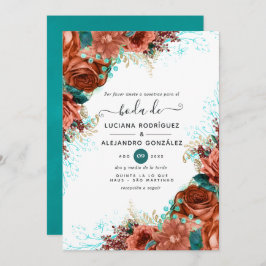 Spaans koraal en Blauwgroen Floral Wedding Kaart