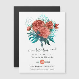 Spaans koraal en Blauwgroen Floral Wedding Save th Magnetische Uitnodiging