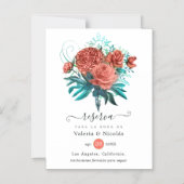 Spaans koraal en Blauwgroen Floral Wedding Save th Magnetische Uitnodiging (Voorkant)