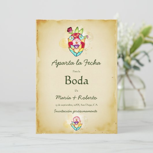 Spaans Landelijk Hart Mexicaanse Bruiloft Bewaar D Kaart (Staand voorkant)