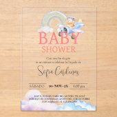 Spaans Meisje Baby shower Teddybeer Vliegtuig Roze Acryl Uitnodigingen (Voorkant)