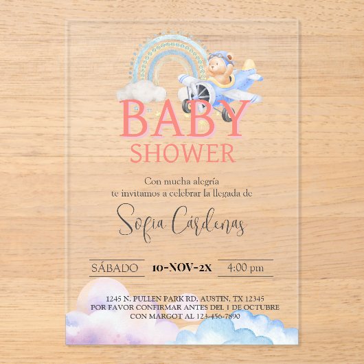 Spaans Meisje Baby shower Teddybeer Vliegtuig Roze Acryl Uitnodigingen (Voorkant)