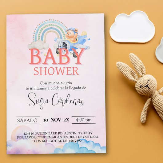 Spaans Meisje Baby shower Teddybeer Vliegtuig Roze Kaart