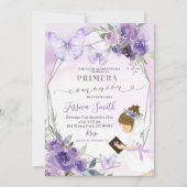 Spaans meisje in paarse rozen knielend Primera Com Kaart (Voorkant)