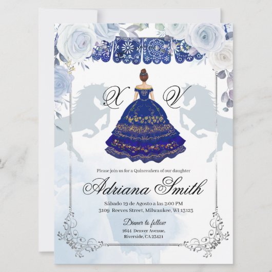 Spaans Mexicaan Mis Quince Navy Blue Silver Kaart (Voorkant)