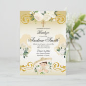 Spaans Mexicaans Doopsel Charro Gold Uitnodiging (Staand voorkant)