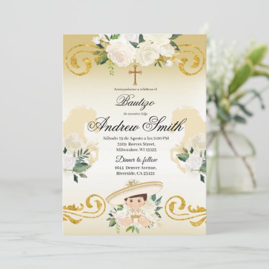 Spaans Mexicaans Doopsel Charro Gold Uitnodiging (Staand voorkant)