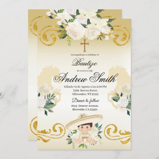 Spaans Mexicaans Doopsel Charro Gold Uitnodiging (Voorkant / Achterkant)
