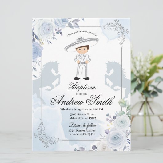 Spaans Mexicaans Silver Charro Baptism Uitnodiging (Staand voorkant)