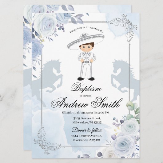 Spaans Mexicaans Silver Charro Baptism Uitnodiging (Voorkant / Achterkant)