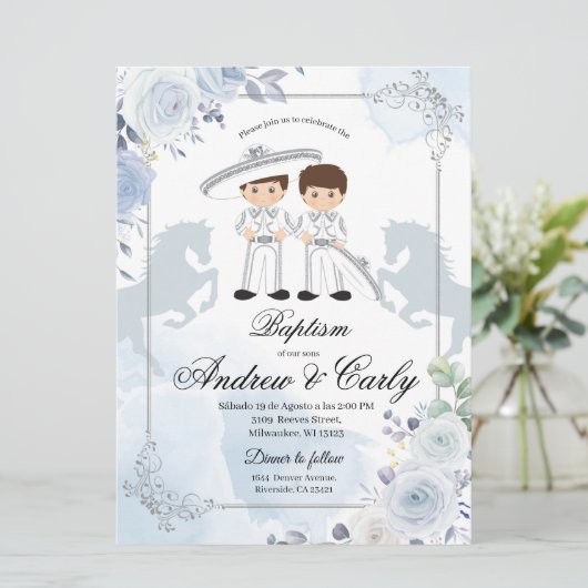 Spaans Mexicaans zilver Twin Charro Baptisme Kaart (Staand voorkant)