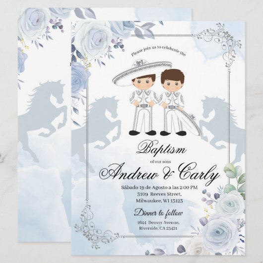 Spaans Mexicaans zilver Twin Charro Baptisme Kaart (Voorkant / Achterkant)