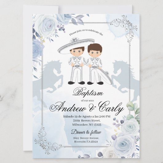 Spaans Mexicaans zilver Twin Charro Baptisme Kaart (Voorkant)
