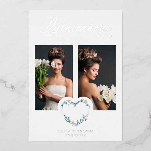 Spaans Mis XV años Romantic Blue Shades Heart Folie Uitnodiging (Voorkant)