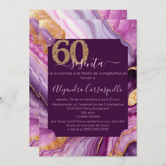 Spaans Modern Roze Agaten 60e Verjaardagsfeestje Kaart (Voorkant / Achterkant)