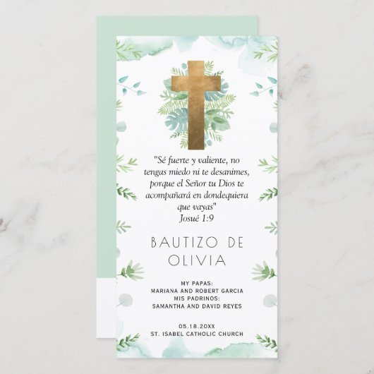 Spaans, Munt groen doop Bladwijzer gunst Bedankkaart (Voorkant / Achterkant)