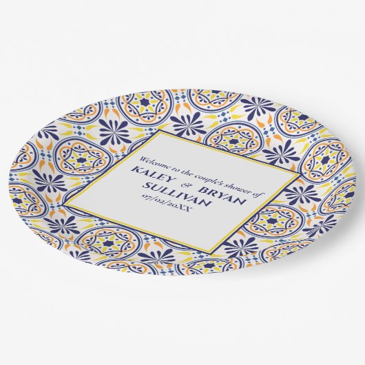 Spaans Navy Geel Tegel mediterrane bruiloft V3 Papieren Bordje (Gekanteld)