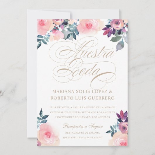 Spaans Nuestra Boda flores pintadas rosada morada Kaart (Voorkant)