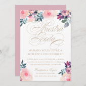 Spaans Nuestra Boda flores pintadas rosada morada Kaart (Voorkant / Achterkant)
