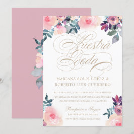 Spaans Nuestra Boda flores pintadas rosada morada Kaart