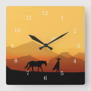 Spaans paard en Man Silhouette Clock op zonsonderg Vierkante Klok