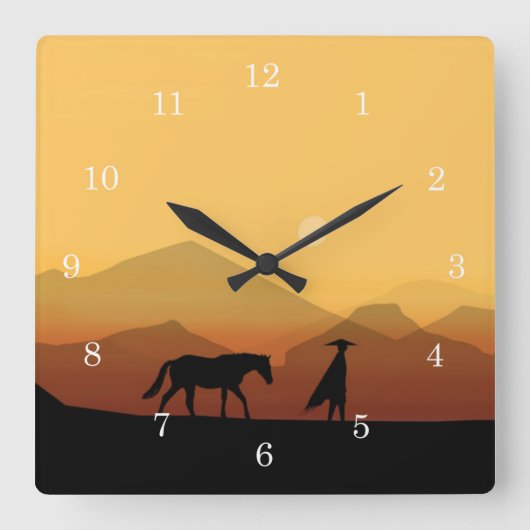 Spaans paard en Man Silhouette Clock op zonsonderg Vierkante Klok (Voorkant)