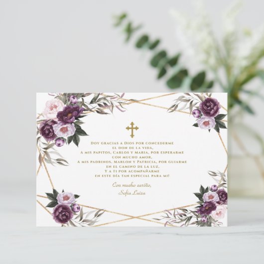 Spaans Paars Floral Gracias Con Oración Bautizo Bedankkaart (Staand voorkant)