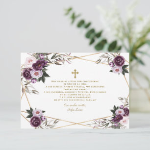 Spaans Paars Floral Gracias Con Oración Bautizo Bedankkaart