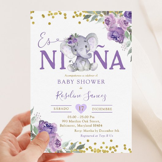 Spaans Paarse Olifant Es Niña Baby shower Kaart