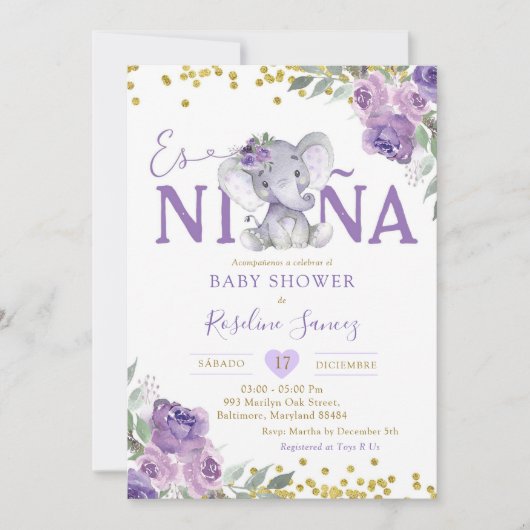 Spaans Paarse Olifant Es Niña Baby shower Kaart (Voorkant)