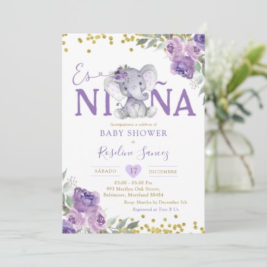 Spaans Paarse Olifant Es Niña Baby shower Kaart (Staand voorkant)