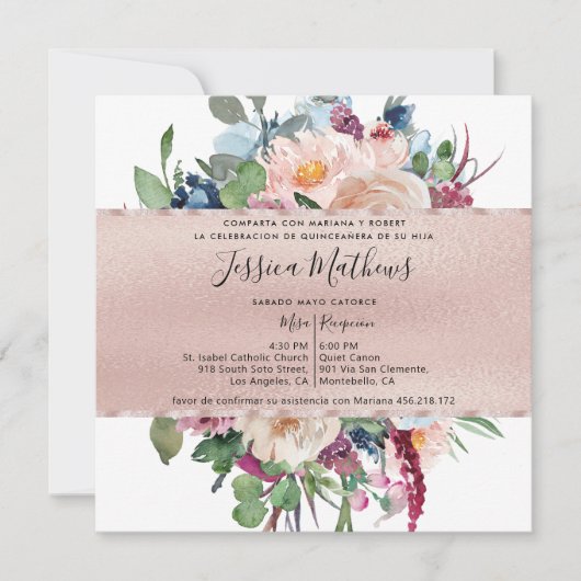 Spaans, pastFloraal en Roos Gold Quinceañera Kaart (Voorkant)