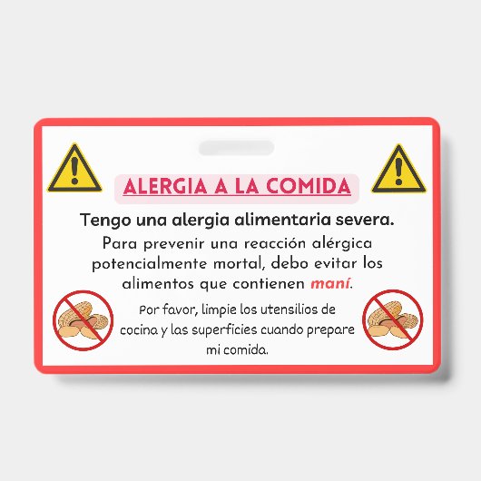 Spaans pinda allergie alert chef Kaart Badge (Voorzijde)