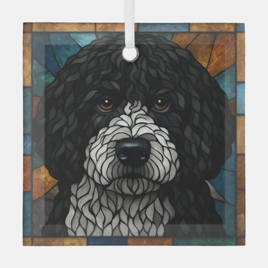 Spaans / Portugees Waterhond "Glas in lood" Glas Ornament (Voorkant)