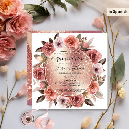 Spaans, Quinceanera Blush Bloemen Roos Goud Glitte Kaart