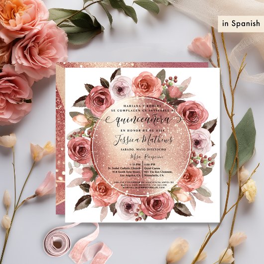 Spaans, Quinceanera Blush Bloemen Roos Goud Glitte Kaart