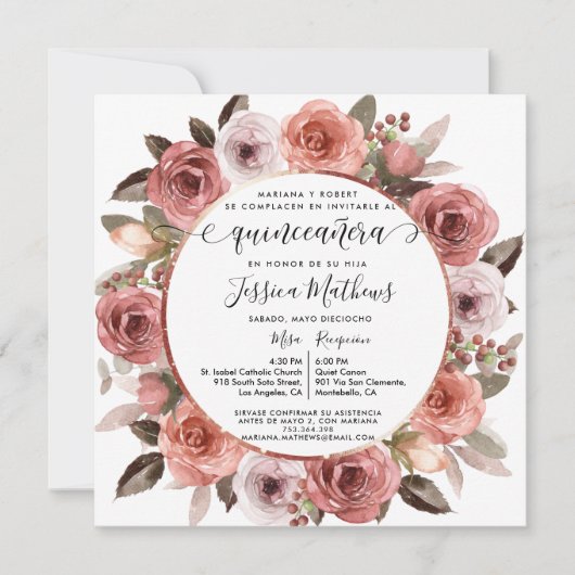 Spaans, Quinceanera Blush Bloemen Roos Gouden Bloe Kaart (Voorkant)