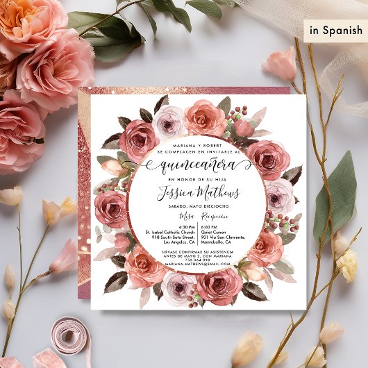 Spaans, Quinceanera Blush Bloemen Roos Gouden Bloe Kaart