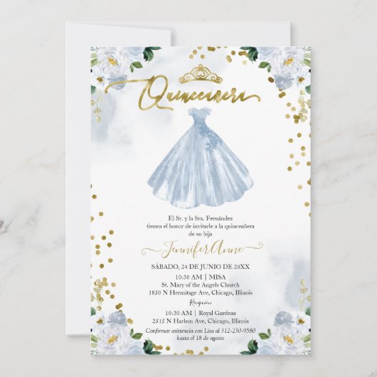 Spaans Quinceanera Invitation Blue Floral Dress Kaart (Voorkant)