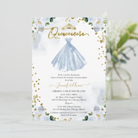 Spaans Quinceanera Invitation Blue Floral Dress Kaart (Staand voorkant)