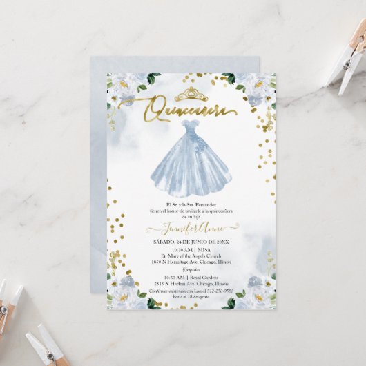 Spaans Quinceanera Invitation Blue Floral Dress Kaart (Voorkant / Achterkant in situ)
