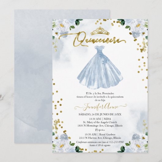 Spaans Quinceanera Invitation Blue Floral Dress Kaart (Voorkant / Achterkant)