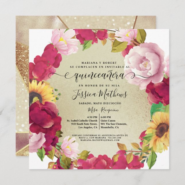 Spaans, Quinceañera Red Floral, Glitter Invitation (Voorkant / Achterkant)