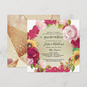 Spaans, Quinceañera Red Floral, Glitter Invitation