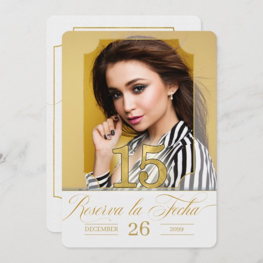 Spaans Quinceanera Save the Date in Golden Hues (Voorkant / Achterkant)