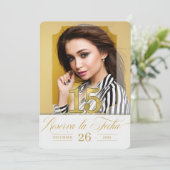 Spaans Quinceanera Save the Date in Golden Hues (Staand voorkant)