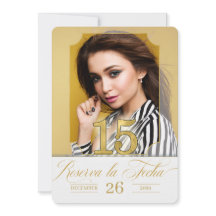 Spaans Quinceanera Save the Date in Golden Hues