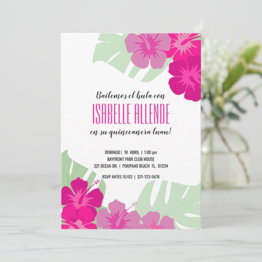 SPAANS quinceañera TROPICAL LUAU roze floral Kaart (Staand voorkant)
