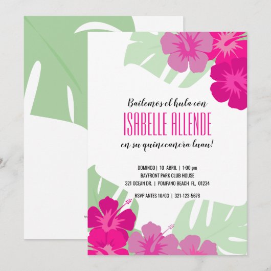 SPAANS quinceañera TROPICAL LUAU roze floral Kaart (Voorkant / Achterkant)