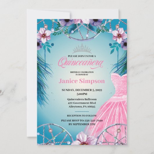 Spaans Quinceañera veer Dream catcher roze Inv Kaart (Voorkant)